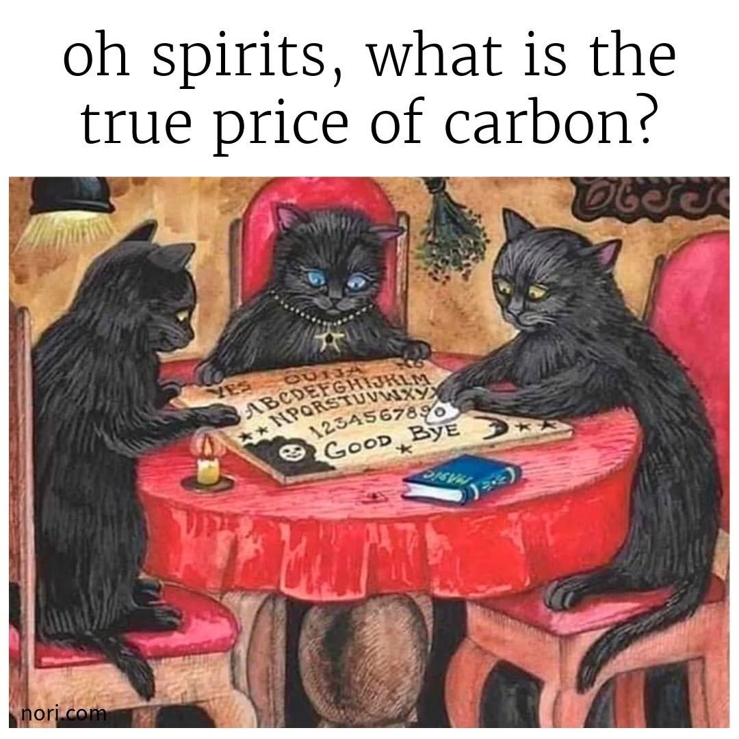 A painting of three black cats around a Ouija board, under the text "oh spirits, what is the true price of carbon?"