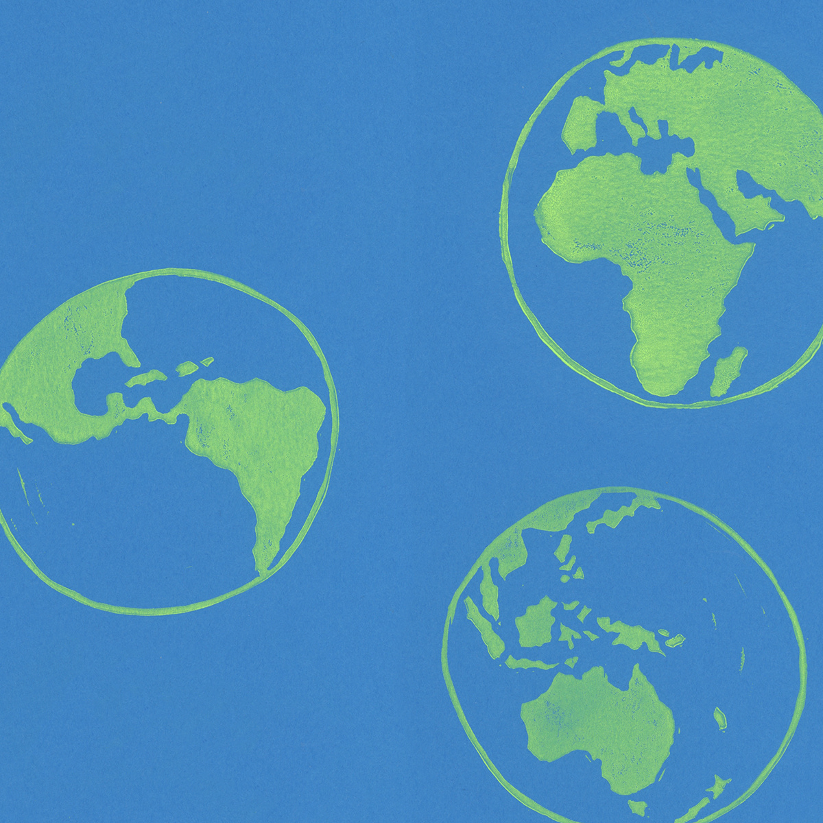 Blue paper background with lime green block prints of the world.