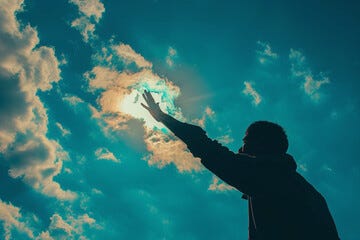 Silhouette of a man with raised hand to the sun. Hope, healing and salvation concept.