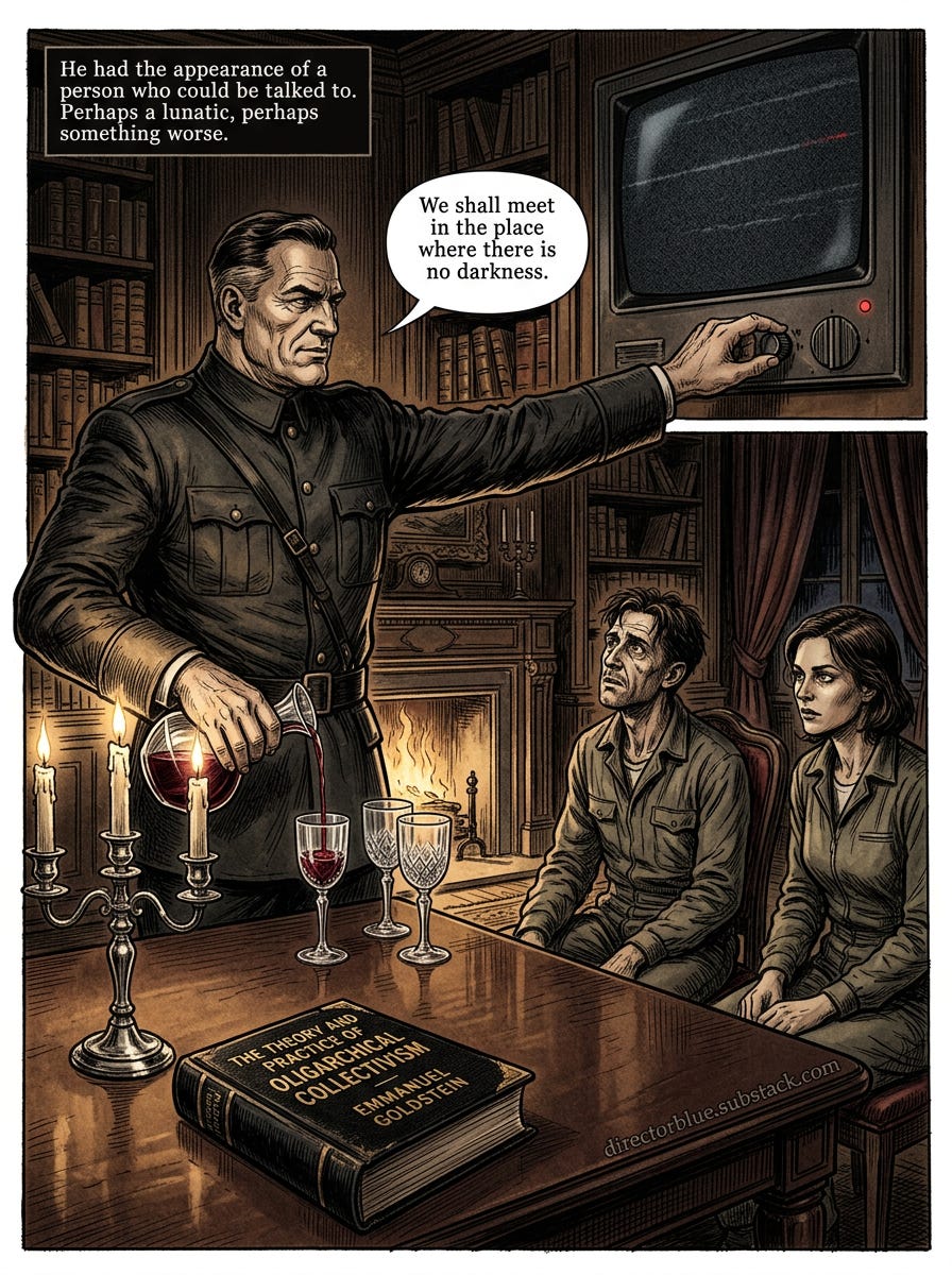 Image Prompt for Orwells 1984 scene A dramatic conspiratorial 3x4 vertical composition in Paolo Serpieris detailed chiaroscuro style deep shadows rich mahogany tones candlelight glinting off crystal OBrien a large imposing Inner Party memb_image_1 Image Prompt for Orwells 1984 scene A dramatic conspiratorial 3x4 vertical composition in Paolo Serpieris detailed chiaroscuro style deep shadows rich mahogany tones candlelight glinting off crystal OBrien a large imposing Inner Party memb_image_1