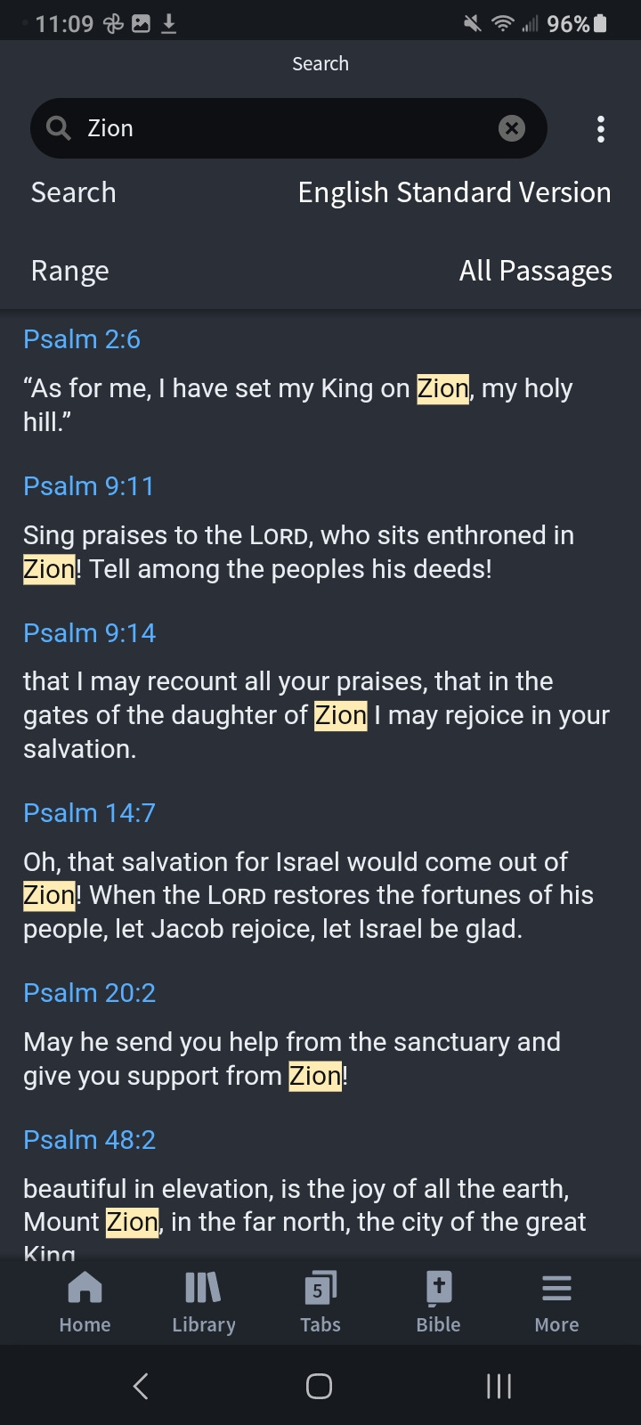 A small sampling from my word search on Zion in the Faith Life Bible app.