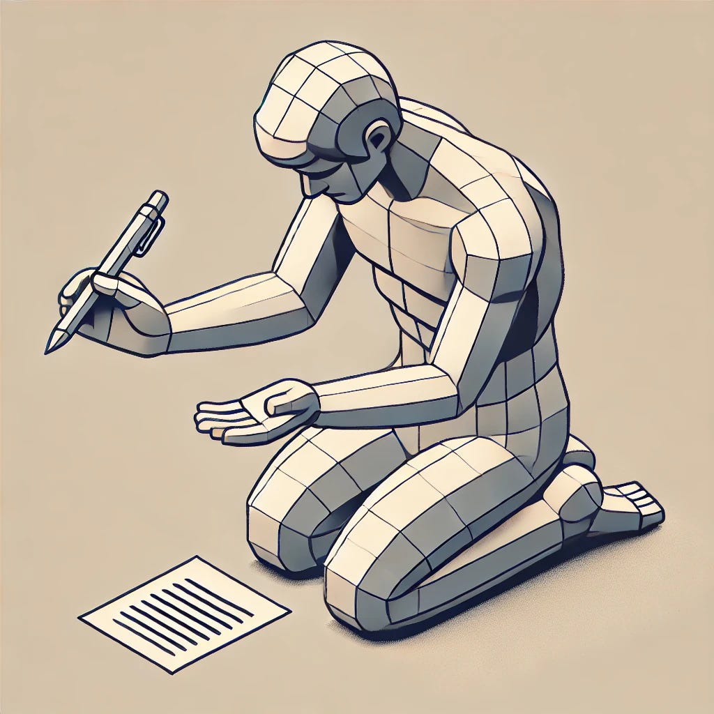 Isometric, minimalist illustration of a man kneeling with his head bowed down, arms extended outward, and palms open holding a pen in one hand and a piece of paper in the other. The figure should have a simple, geometric design with clean lines, conveying a sense of humility and purpose. Use a limited color palette with neutral tones for the man and subtle accents for the pen and paper. The composition should feel serene, balanced, and symbolic, emphasizing the act of offering or dedication.