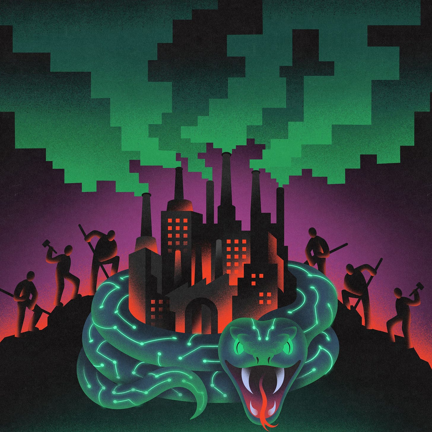 Illustration of a factory surrounded by workers