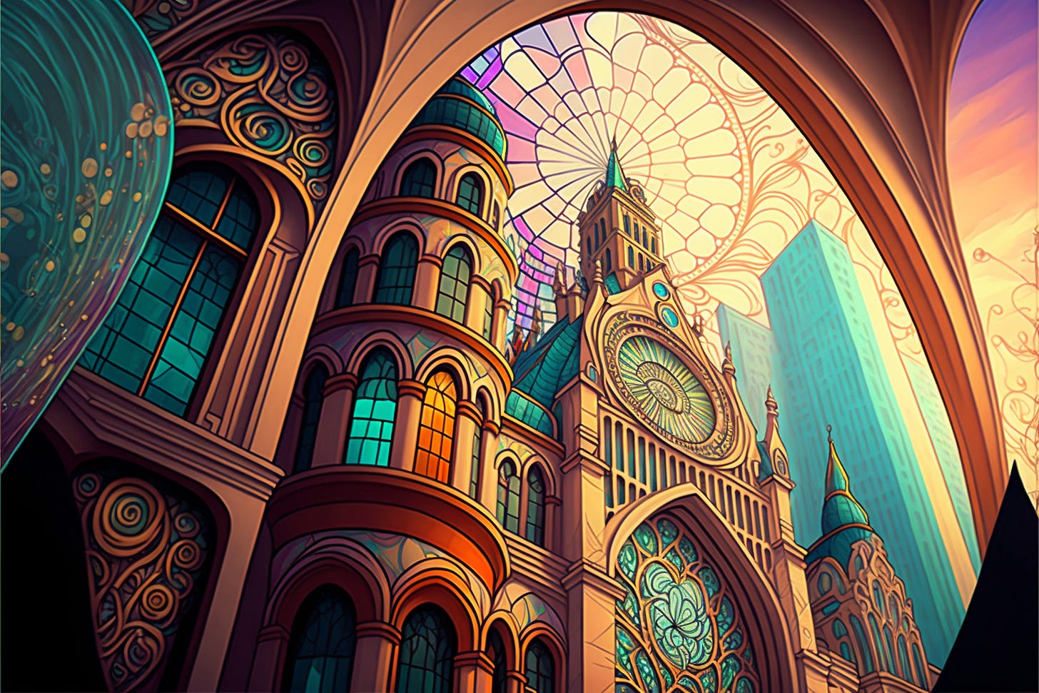 a colorful city square with art nouveau skyscraper cathedrals