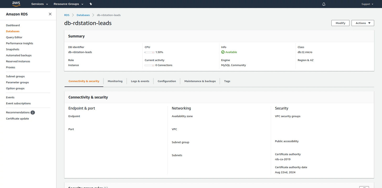 New database info screen created at AWS.