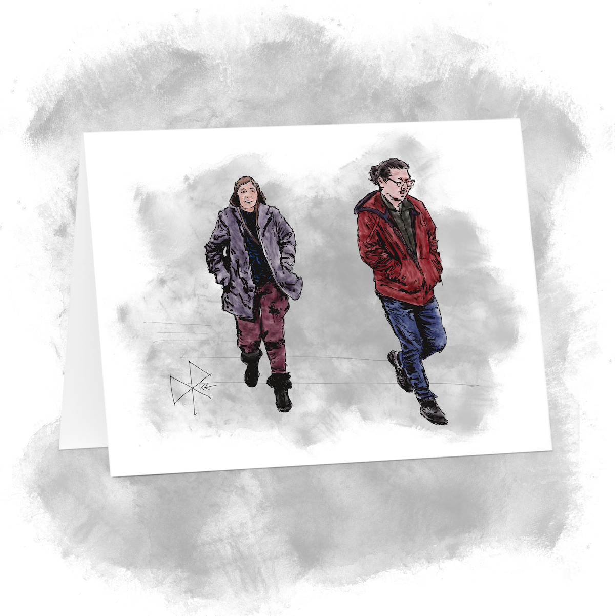 Two people, both with their hands in their pockets to protect them from cool weather, walking on the road at the intersection’s crosswalk. Sketch art by Don Rice. Two people, both with their hands in their pockets to protect them from cool weather, walking on the road at the intersection’s crosswalk. Sketch art by Don Rice.