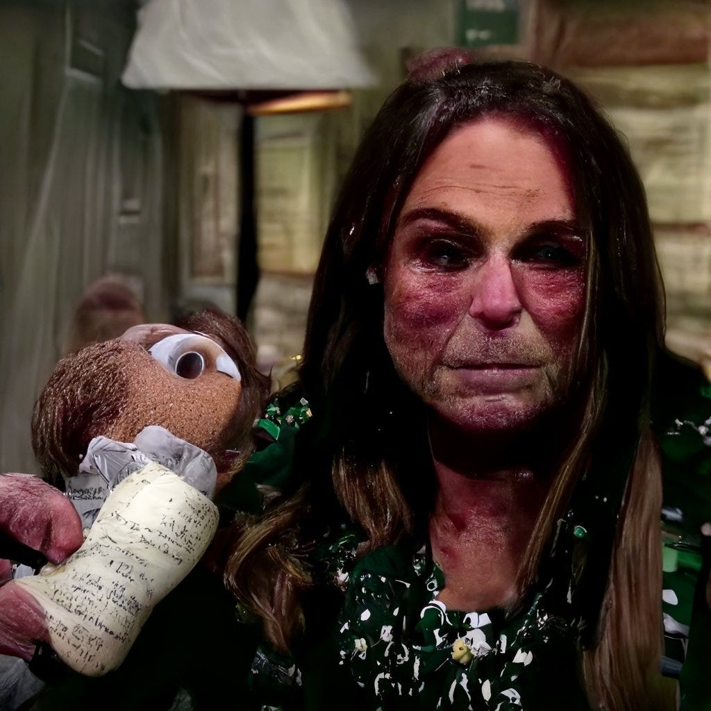 a portrait photo older white woman with long brown hair holding a misconfigured stuffed animal. she has very severe rosacea below her eyes, in the shape of triangles on her cheeks. she looks slightly 3d rendered. there is a lamp in the background.