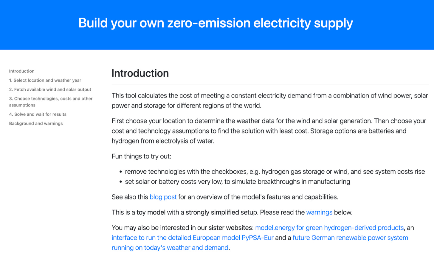 model.energy: pick a location and a weather year, choose which technologies are allowed, and solve.