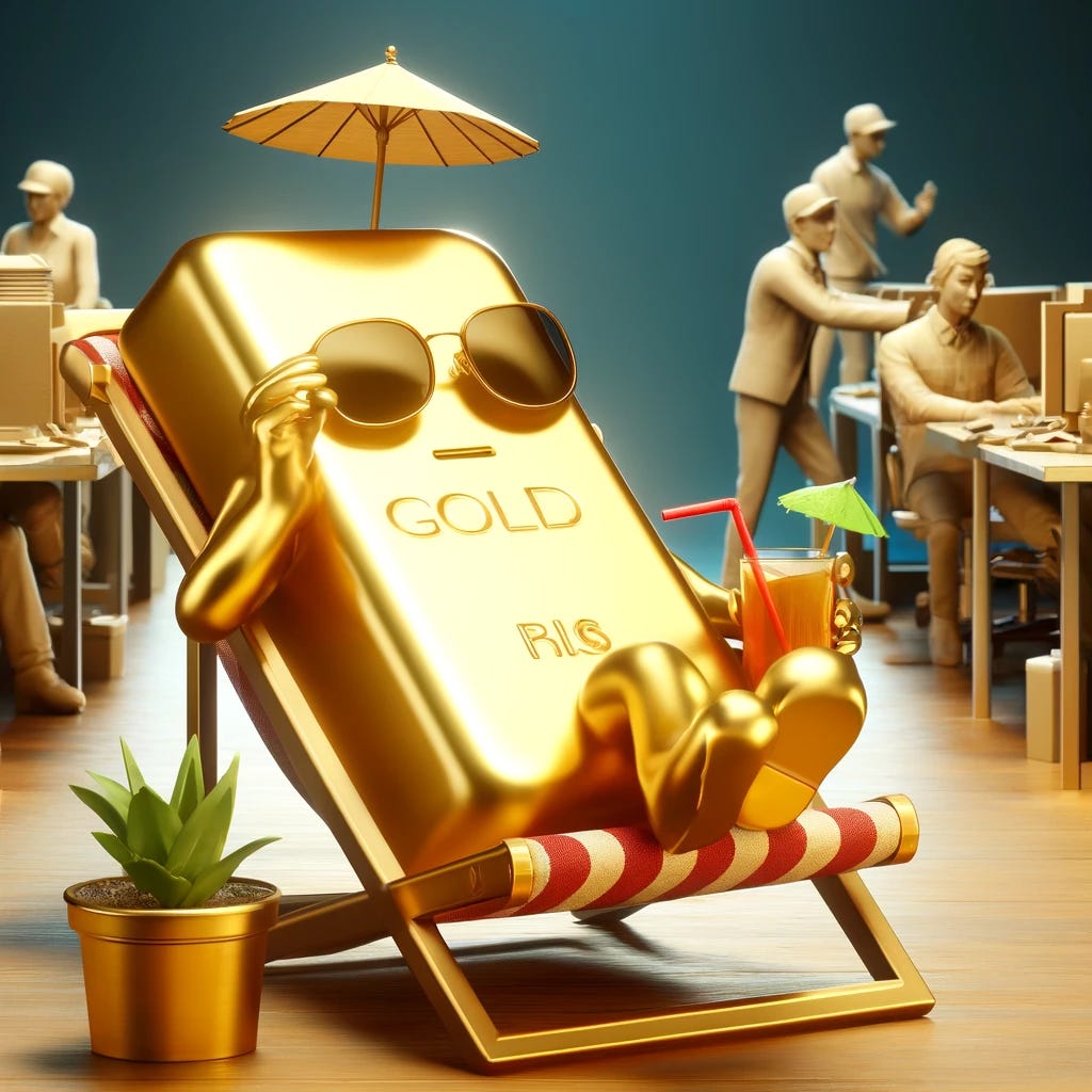 A personified gold bar lounging on a luxurious chair, wearing sunglasses and sipping a drink with an umbrella. The gold bar appears lazy and relaxed, while in the background, other assets like businesses and workers are actively producing wealth, symbolizing productivity. The scene contrasts gold’s static nature with the dynamic effort of productive investments.