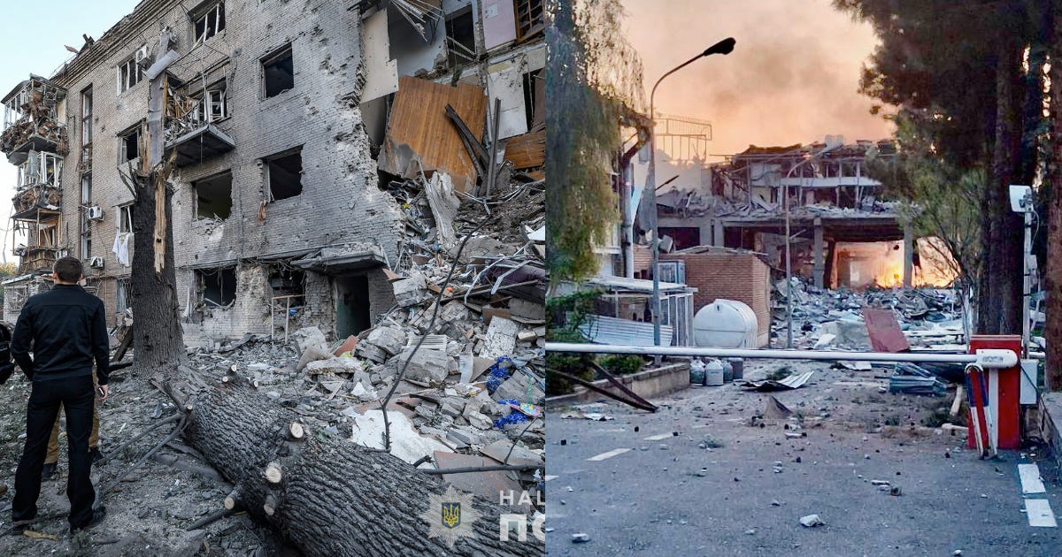 left: a bombed out apartment building with a cascade of rubble on the right. Right: sunset behind a bombed out building behind a red gate left: a bombed out apartment building with a cascade of rubble on the right. Right: sunset behind a bombed out building behind a red gate