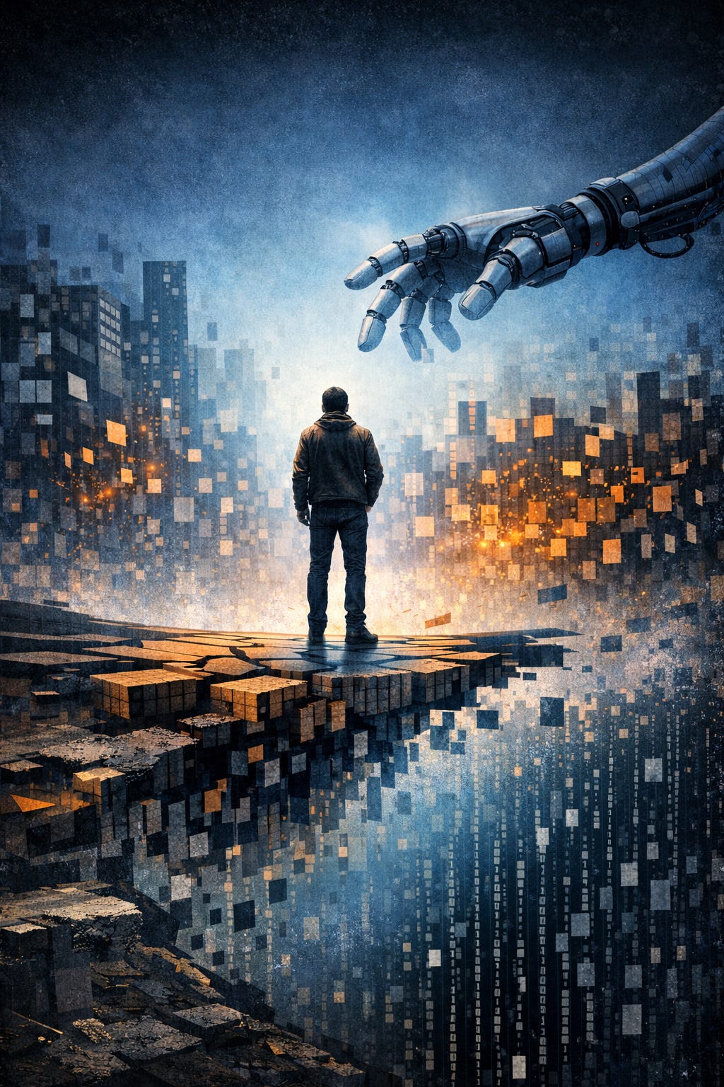 giant robot hand reaching down to touch a man in front a crumbling city