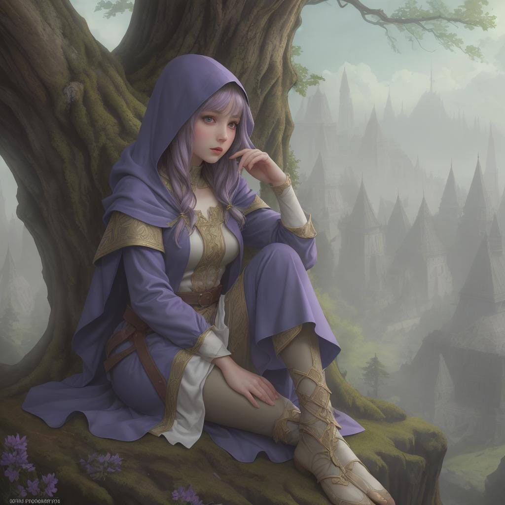A female elf teenager with lavender skin, wearing a hooded cloak. She's sitting high up in a tree and looking down at the ground. A female elf teenager with lavender skin, wearing a hooded cloak. She's sitting high up in a tree and looking down at the ground.