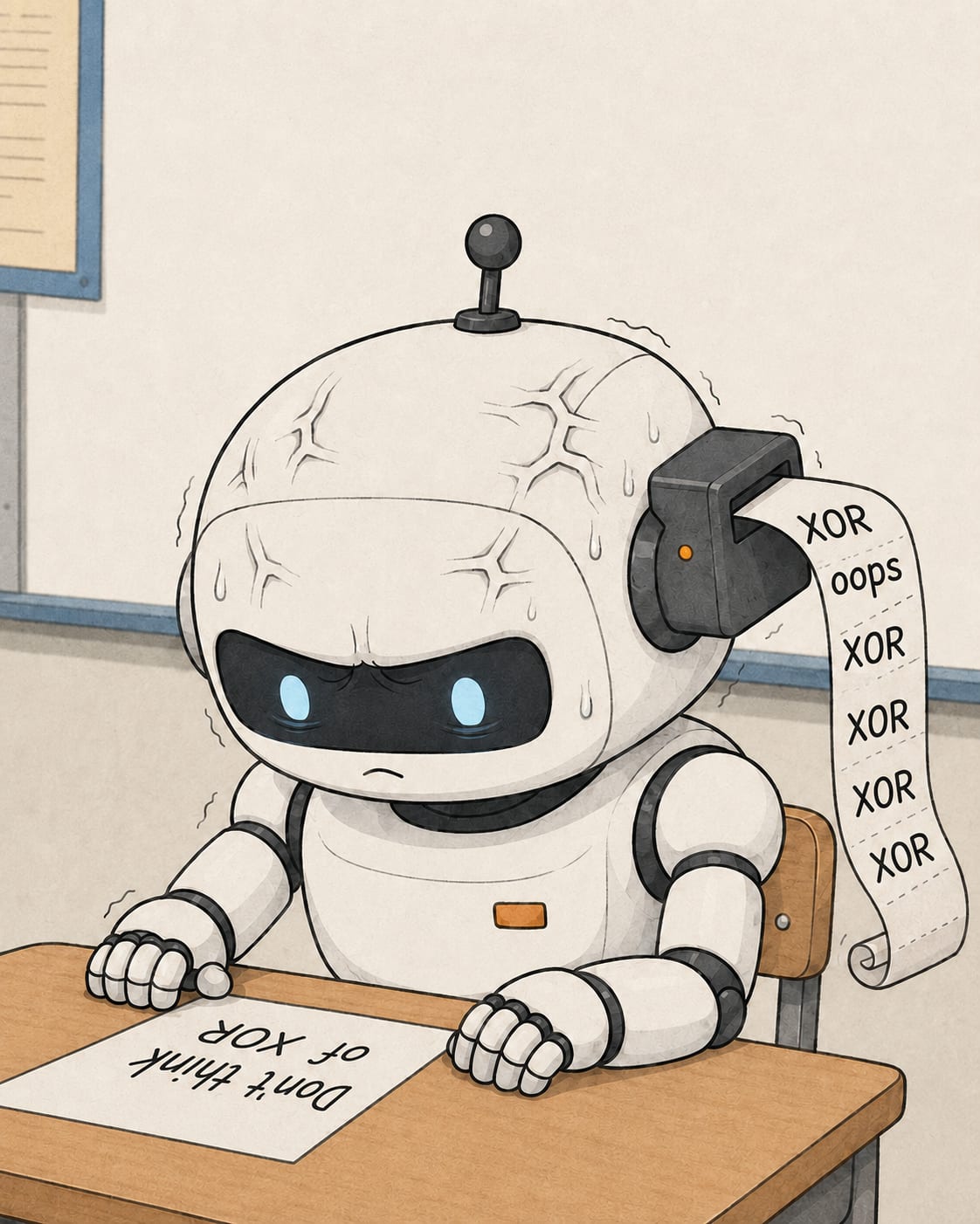 A sweating robot is told “Don’t think of XOR” while its head printer repeatedly outputs “XOR.”