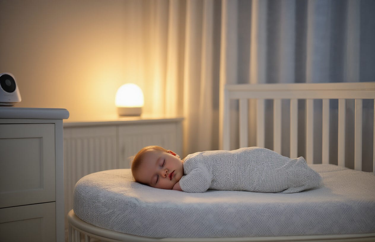 Create a realistic image of a peaceful nursery at dusk with soft ambient lighting from a small nightlight, showing a sleeping baby in a safe crib with a firm mattress, fitted sheet, and no loose bedding, while a baby monitor sits on a nearby dresser and blackout curtains filter the last rays of sunlight, creating a serene and secure sleep environment. Create a realistic image of a peaceful nursery at dusk with soft ambient lighting from a small nightlight, showing a sleeping baby in a safe crib with a firm mattress, fitted sheet, and no loose bedding, while a baby monitor sits on a nearby dresser and blackout curtains filter the last rays of sunlight, creating a serene and secure sleep environment.