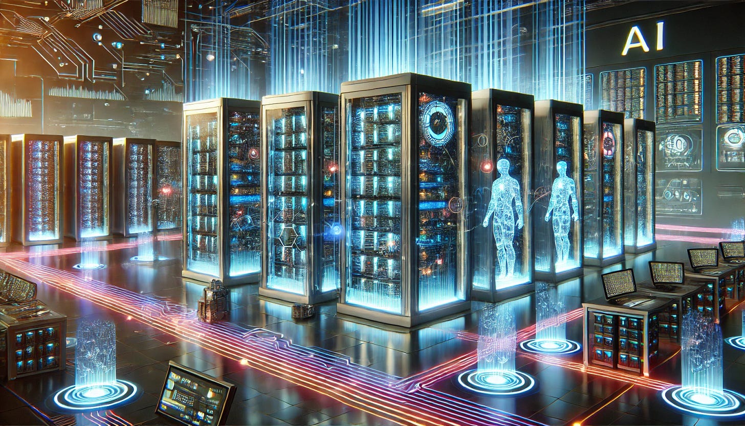 A 16:9 futuristic illustration of advanced AI servers and data centers. The scene features glowing server racks interconnected with vibrant streams of data and holographic displays showing real-time analytics. The environment is sleek and highly advanced, with robotic systems maintaining the servers. The background includes a vast, high-tech space with pulsating lights and circuitry running along the floors and walls, symbolizing seamless AI integration and processing. The overall atmosphere conveys efficiency, innovation, and the cutting-edge nature of AI infrastructure.