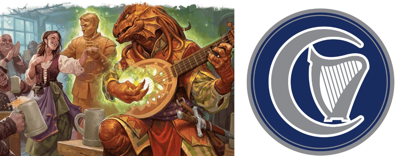 Two images. The first depicts a D&D scene in a tavern with a dragonborn bard playing a stringed instrument and tavern patrons dancing and clapping. The second is the blue and white symbol of the Harpers made up of a crescent moon and harp instrument.