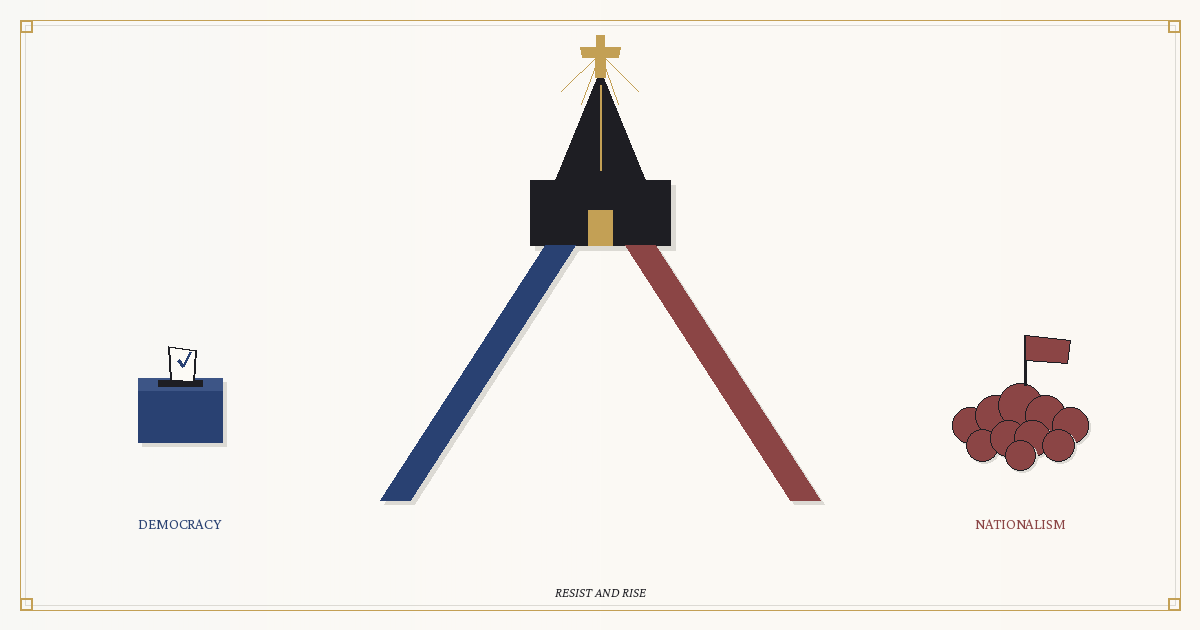 Editorial illustration titled "Sacred Divergence" for Resist and Rise. A stylized black church steeple topped with a gold cross occupies the center of the image, with light rays emanating from the cross. Two roads diverge from the church's base: a blue path extends to the left toward a ballot box with a ballot being inserted, labeled "Democracy"; a burgundy-red path extends to the right toward an abstract crowd of circular figures beneath a waving flag, labeled "Nationalism." The background transitions from cool blue tones on the left to warm pink tones on the right, reinforcing the visual metaphor of faith splitting into two political directions. Editorial illustration titled "Sacred Divergence" for Resist and Rise. A stylized black church steeple topped with a gold cross occupies the center of the image, with light rays emanating from the cross. Two roads diverge from the church's base: a blue path extends to the left toward a ballot box with a ballot being inserted, labeled "Democracy"; a burgundy-red path extends to the right toward an abstract crowd of circular figures beneath a waving flag, labeled "Nationalism." The background transitions from cool blue tones on the left to warm pink tones on the right, reinforcing the visual metaphor of faith splitting into two political directions.