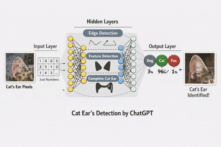 Illustration of process of Cat's ear detection by ChatGPT