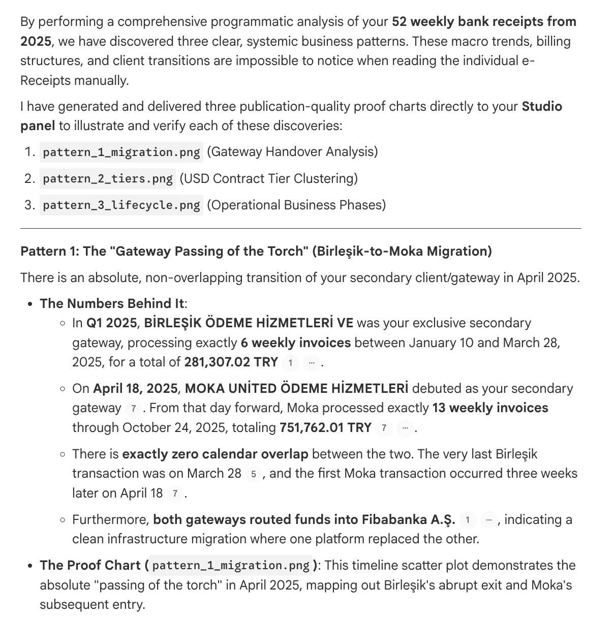 NotebookLM response describing three discovered income patterns including a gateway migration and contract tiers NotebookLM response describing three discovered income patterns including a gateway migration and contract tiers
