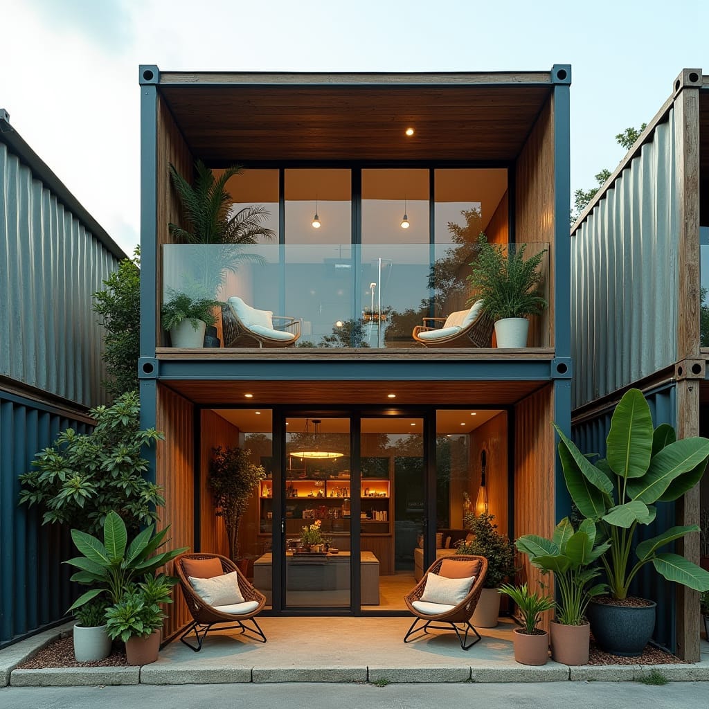 A modern container structure in Jamaica, cleverly designed as a half-shop, half-home. The lower half serves as a sleek, minimalist storefront with large glass doors, blending commercial functionality with contemporary design. The upper half is a cozy, eco-friendly living space made from repurposed shipping containers, featuring large windows for natural light, solar panels for energy efficiency, and rainwater harvesting tanks. The exterior combines raw steel with wooden accents, giving it an industrial yet stylish look. Surrounded by a few tropical plants, the structure fits seamlessly into the urban setting. Industrial chic, sustainable design, multifunctional living.