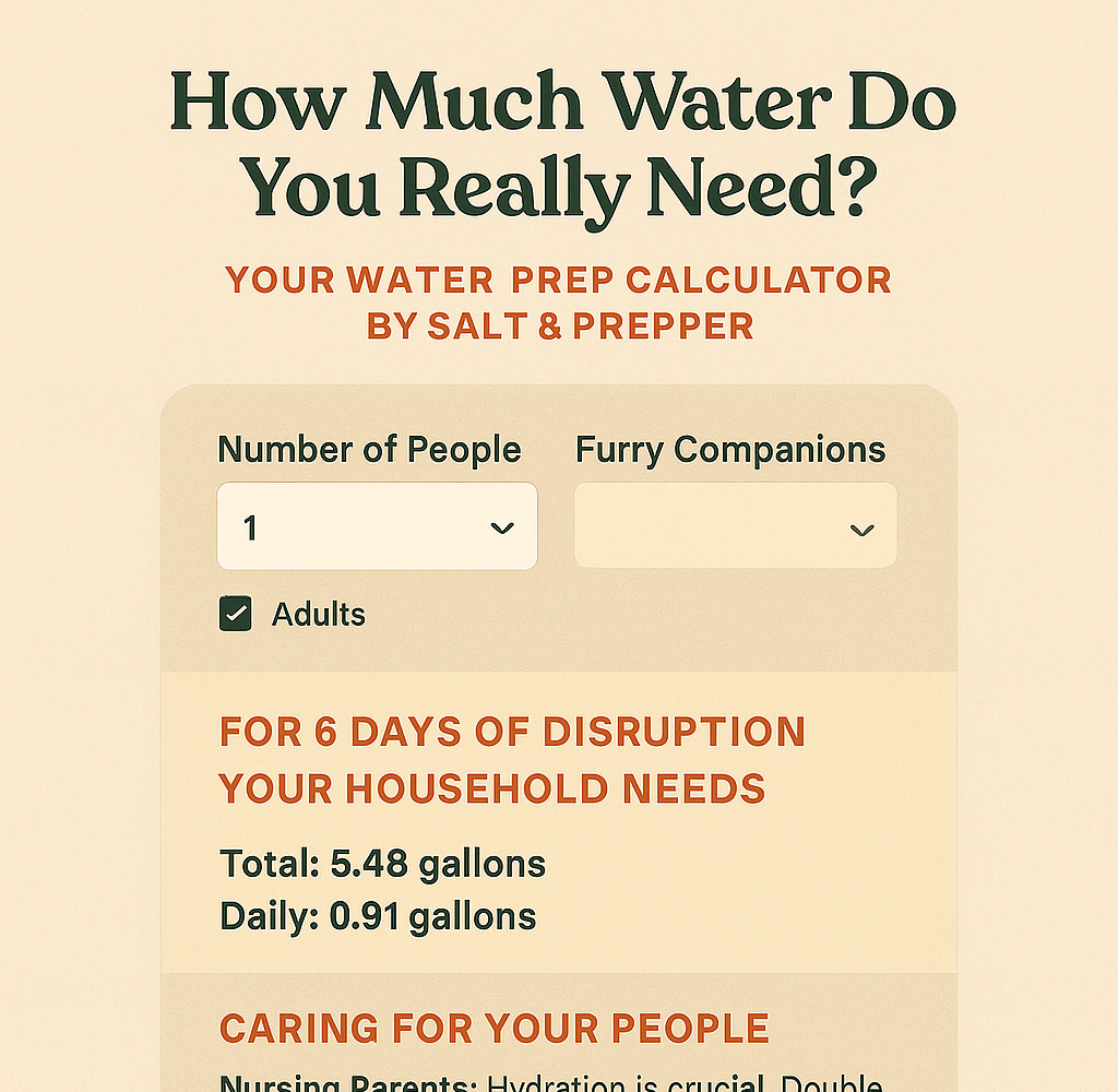  “Infographic calculator chart breaking down FEMA’s one-gallon-per-day water rule into drink, cook, hygiene use”