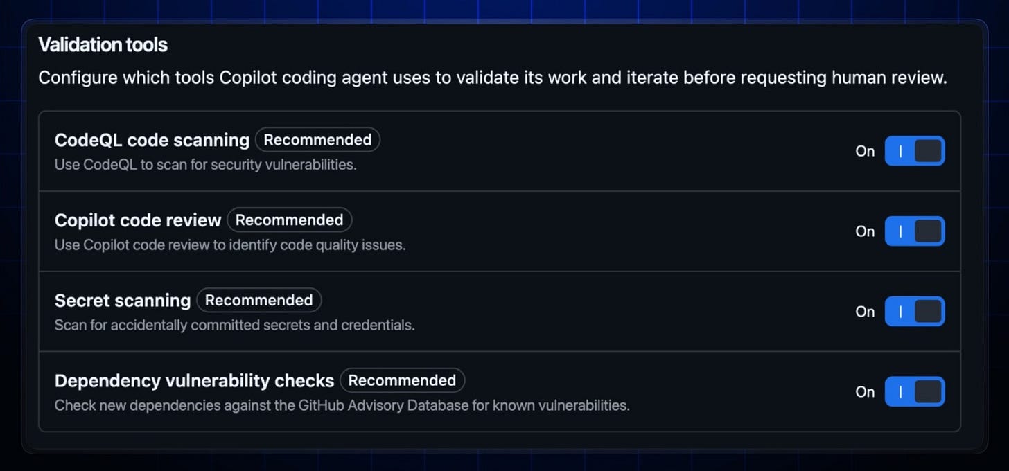 Screenshot of Copilot coding agent validation tools settings in a GitHub repository Screenshot of Copilot coding agent validation tools settings in a GitHub repository