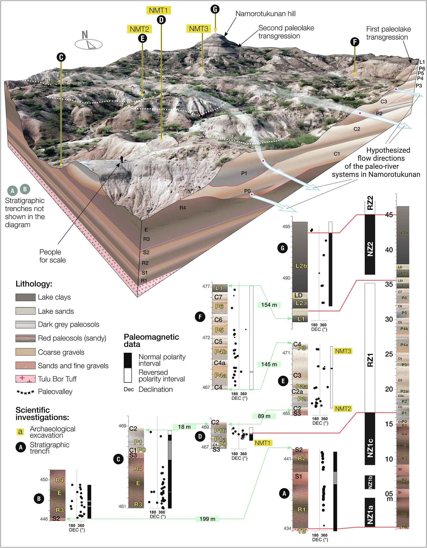 Complex figure showing landscape model of Namorotukunan region at top and sedimentary columns at bottom