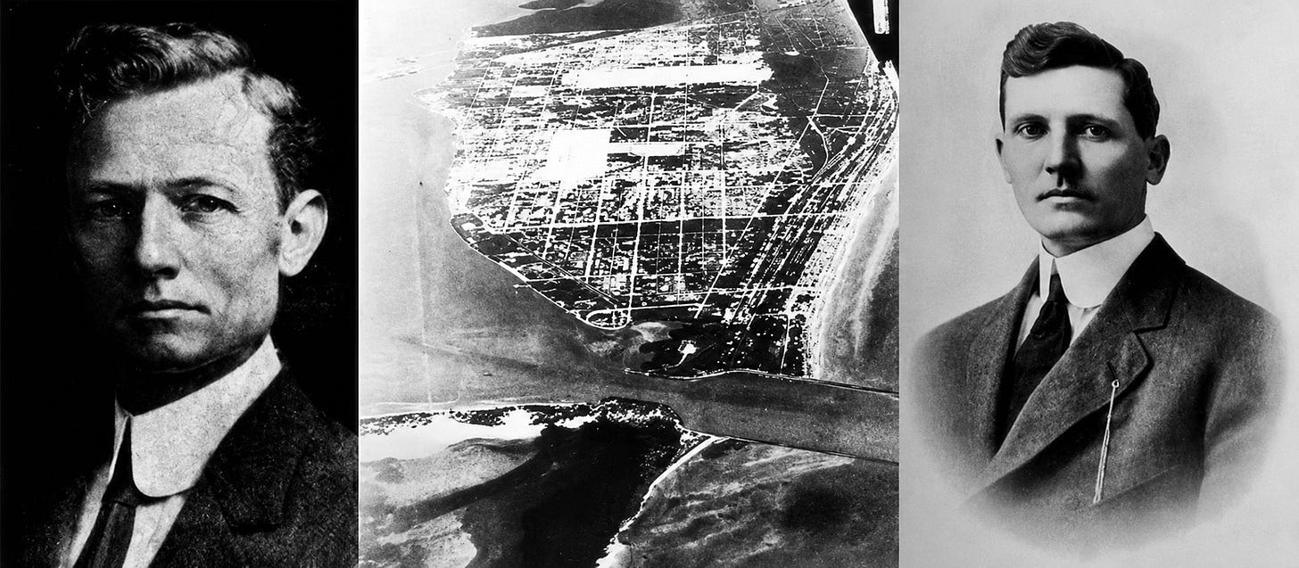 Composite of Lummus brothers along with an aerial of Miami Beach in 1915. James E. Lummus is on the right, and John N. Lummus is on the right. Courtesy of Casey M. Piket. Composite of Lummus brothers along with an aerial of Miami Beach in 1915. James E. Lummus is on the right, and John N. Lummus is on the right. Courtesy of Casey M. Piket.