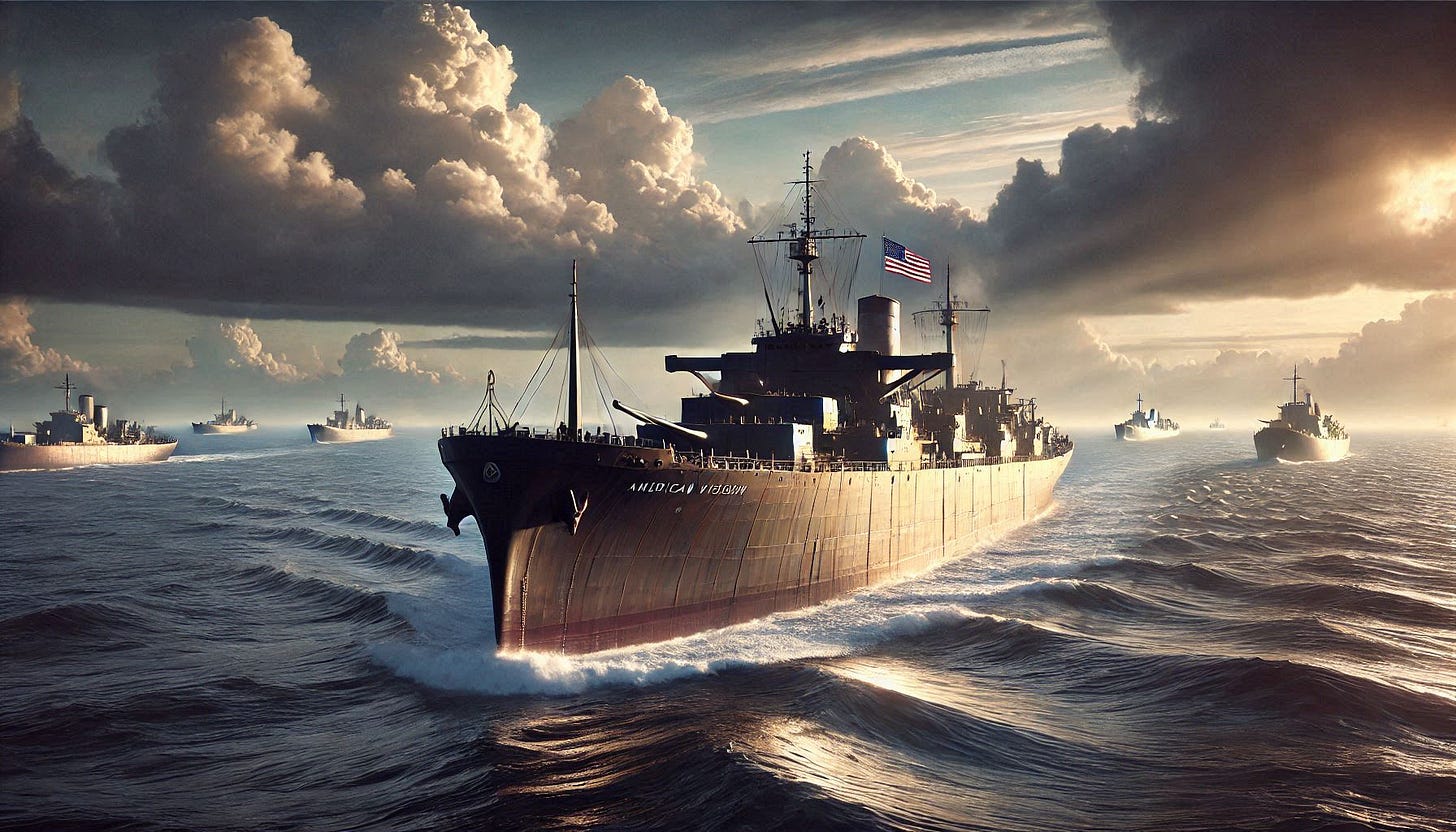 An American victory class cargo ship sails at sea