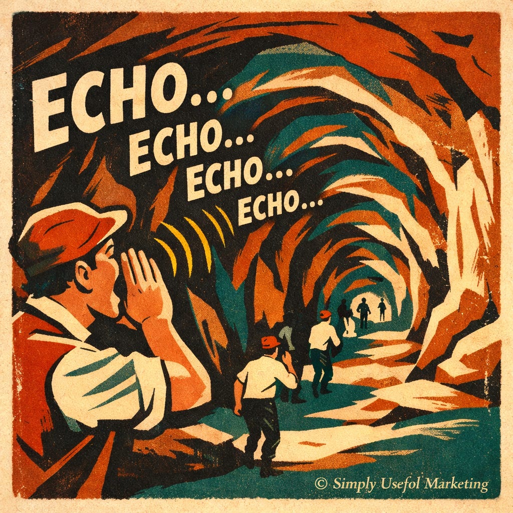 Square vintage Guinness-style illustration of a canyon interior rendered in warm cream, rust, and deep teal tones. Abstract rock walls repeat and diminish into the distance, creating a visual echo that suggests repetition and depth. Bold hand-drawn ink lines and flat color blocks give the scene a mid-century poster feel. A small “© Simply Useful Marketing” copyright appears in the bottom-right corner.