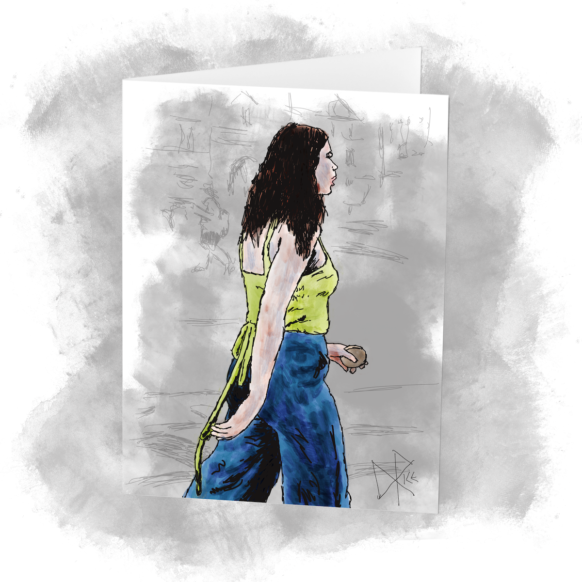 A woman walking with real intention to get somewhere, but still properly soaking in the greatness around her. Sketch art by Don Rice.
