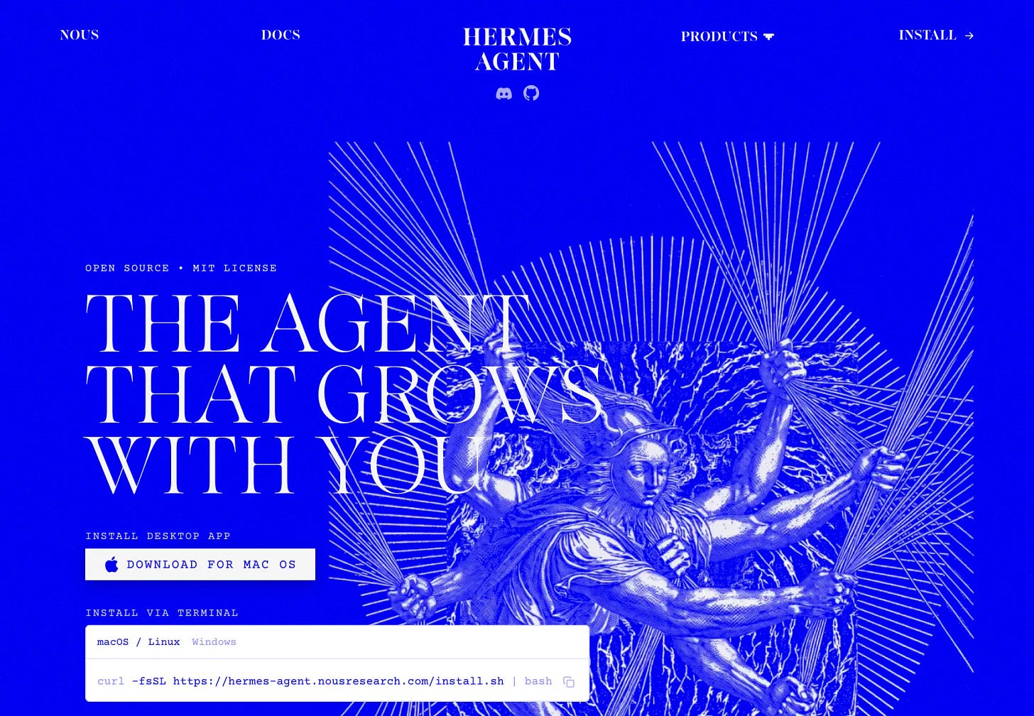 Hermes Agent’s site: a one-click Mac download alongside a terminal install line, open source under MIT.
