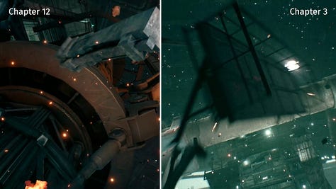 Comparison between Cloud's vision in chapter 3 and the actual event in chapter 12.