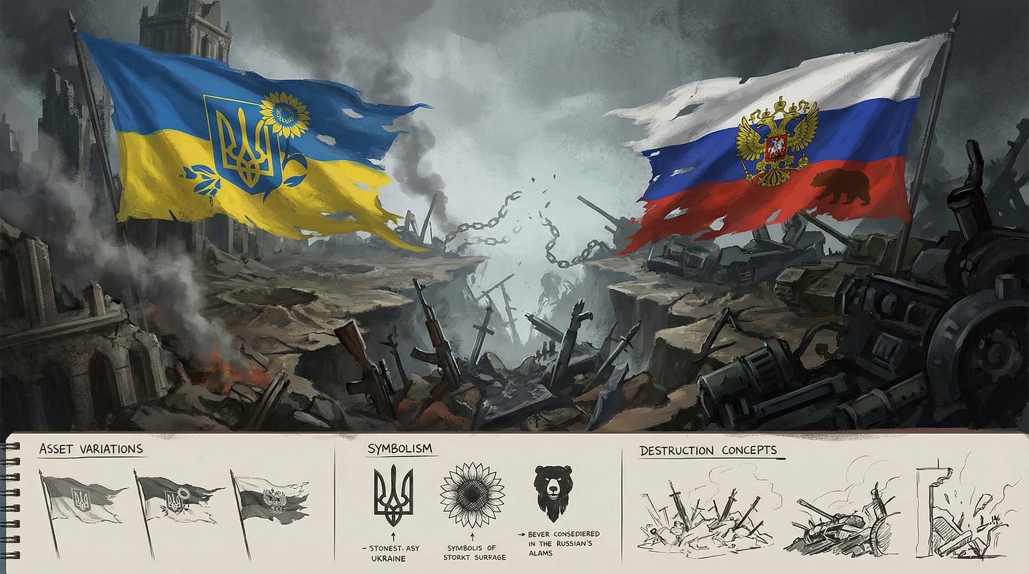 AI-generated illustration of Ukrainian and Russian Flags separated by a ruined land with imagery of destruction, symbolizing the escalating chaos.