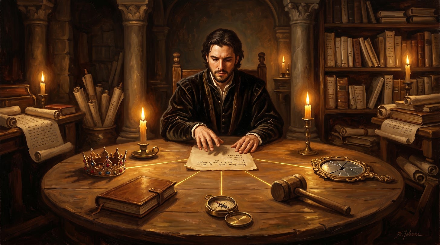 AI board of advisors scene with decision papers, crown, compass, and gavel for business judgment