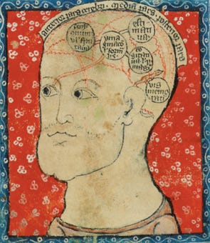 Illustration médiévale de la tête d'un homme blanc sur un fond rouge à motifs. Au sommet de sa tête, à l'intérieur, sont dessinées cinq ronds annotés et reliés entre eux.