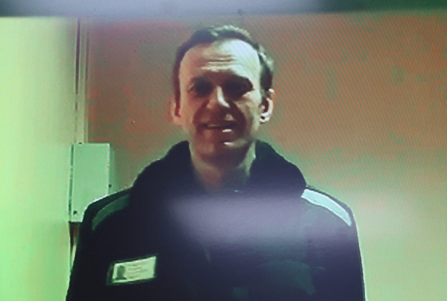 Russian opposition leader Alexei Navalny is seen on a screen via video link during a court hearing in Moscow