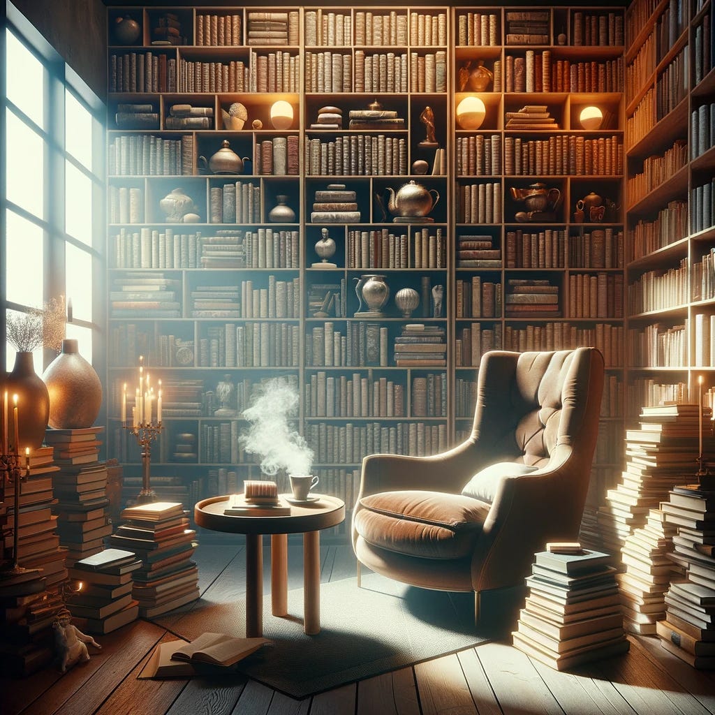 Imagine a sophisticated and thought-provoking newsletter cover for a literature theme, written by a philosopher. The cover art embodies the concept of reflection on the value of reading and the judgment of those who choose non-classical books. Visualize a tranquil, inviting space that merges the modern with the timeless: a cozy reading nook with a large, plush armchair and a small, round table beside it, holding a steaming cup of coffee and a stack of both classical and contemporary books. Behind the chair, a tall, overflowing bookshelf spans the background, featuring an eclectic mix of book spines, from ancient tomes to modern novels, symbolizing the breadth of literary value across ages. Soft, warm lighting illuminates the scene, casting gentle shadows and creating a serene atmosphere conducive to contemplation and understanding. The overall aesthetic is elegant yet inviting, encouraging viewers to ponder the philosopher's reflections on literature without bias towards the type of books one prefers.