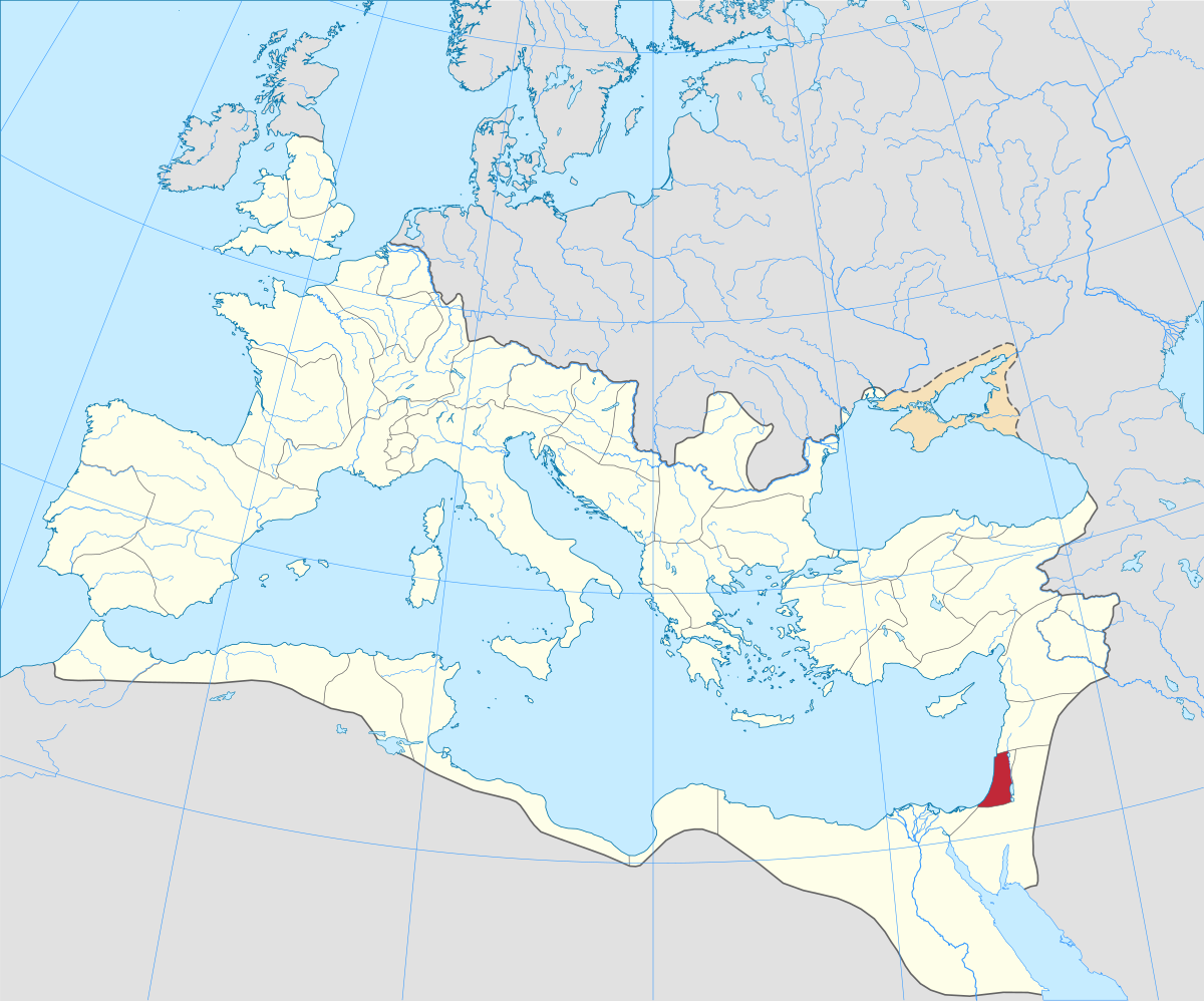 Map of the Roman Empire highlighting the province of Syria Palaestina along the eastern Mediterranean coast in red