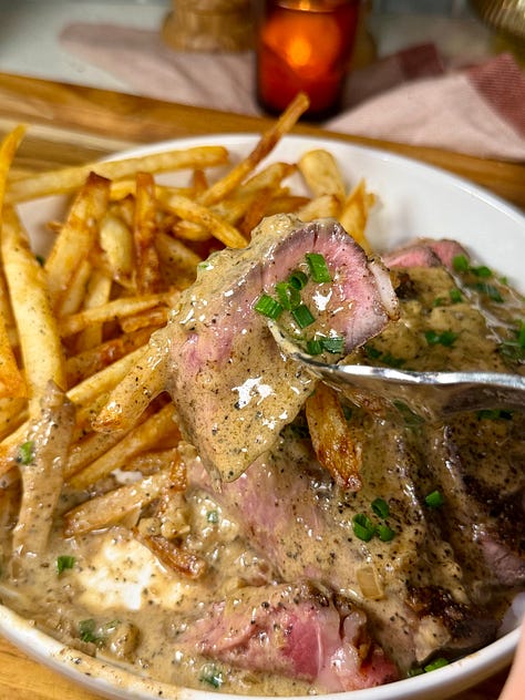 french fries, steak