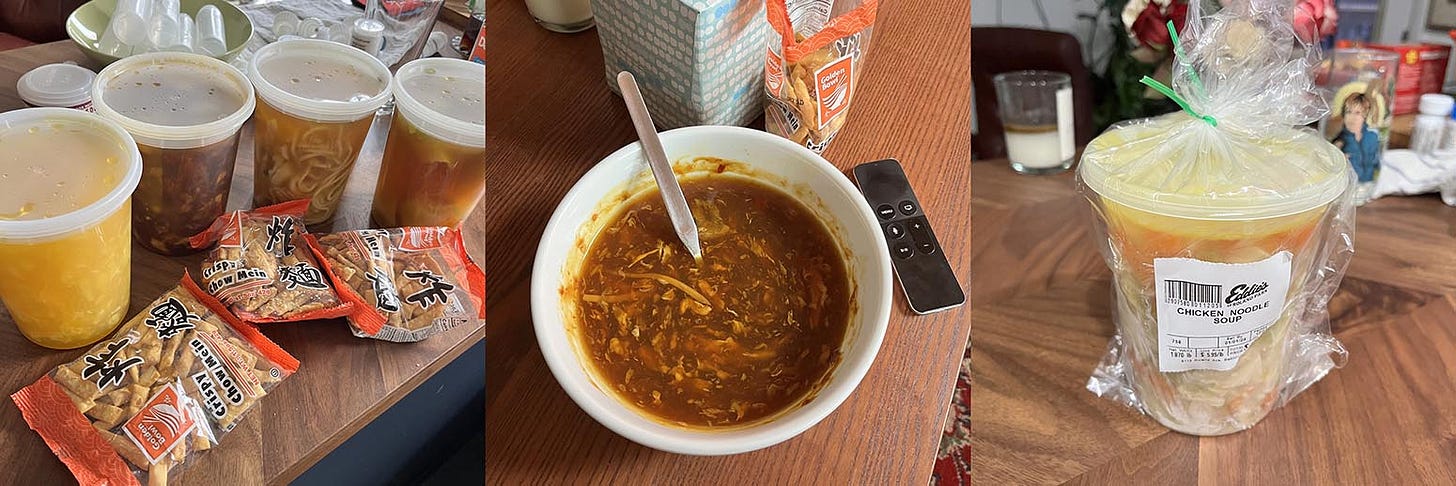 Three images: soup containers from an unknown Chinese takeout, a bowl of hot & sour soup, and a container of chicken noodle soup from Eddies of Roland Park