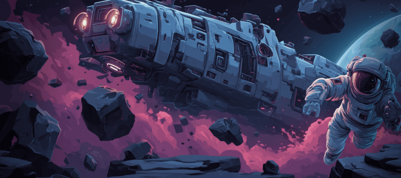 An astronaut floating in space near a futuristic spaceship, surrounded by asteroids and a colorful cosmic background. An astronaut floating in space near a futuristic spaceship, surrounded by asteroids and a colorful cosmic background.