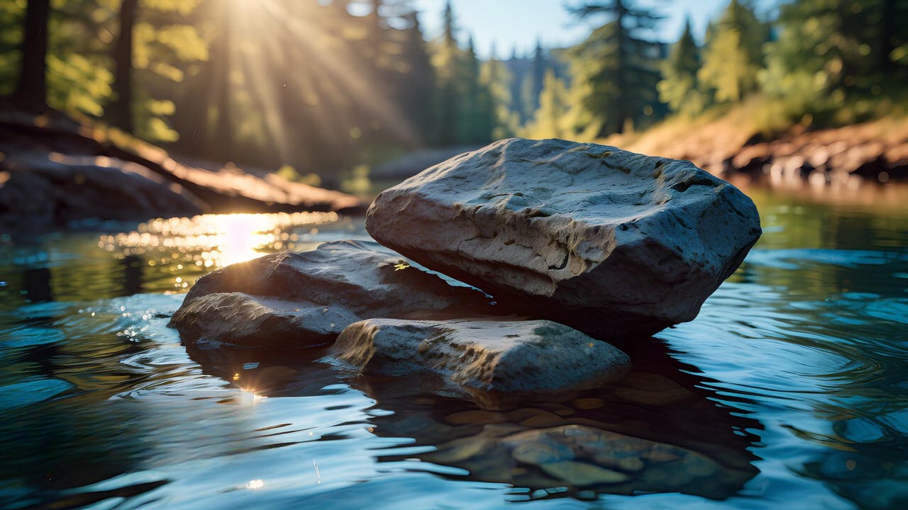 water flows around rocks