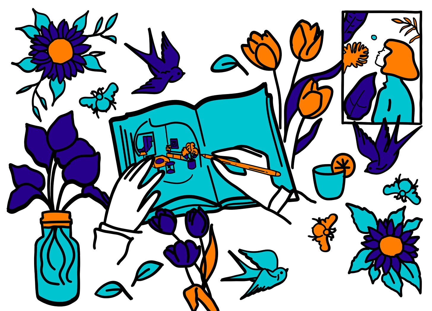 A bold colourful pop‑art image of hands creating an interiors sketch, encircled by spring flowers, birds, butterflies, and a portrait, evoking imagination and artistic freedom.