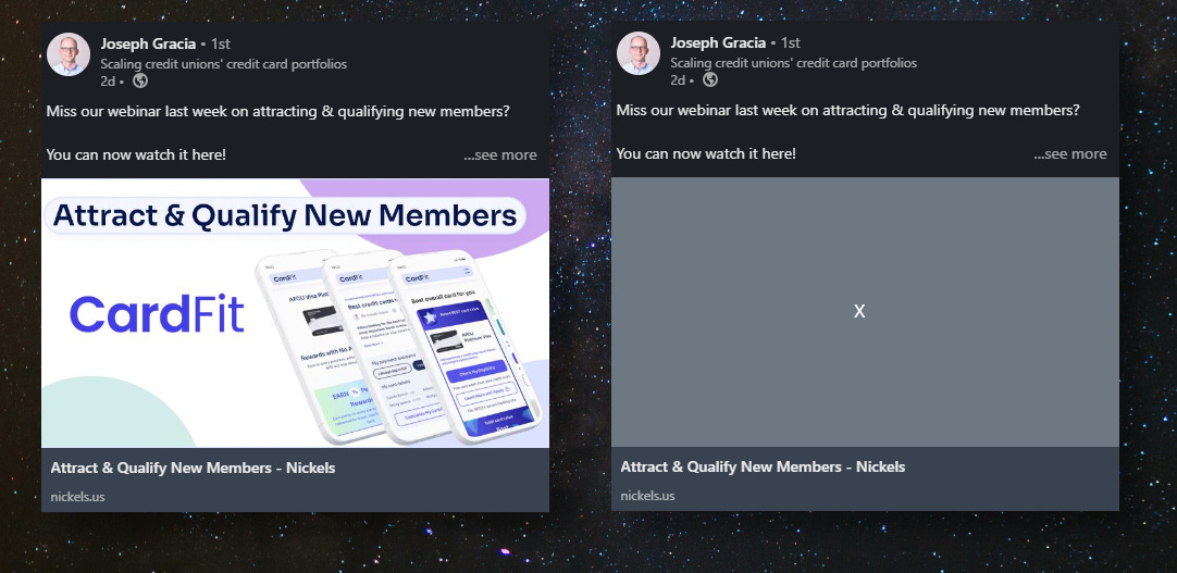 A mockup of two LinkedIn posts: One has an opengraph image and one does not.