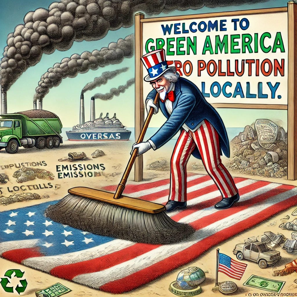 A satirical illustration of Uncle Sam meticulously sweeping pollution, emissions, and waste labeled dirt from the pristine United States onto a large, worn-out carpet labeled 'Overseas.' Behind Uncle Sam is a gleaming sign stating 'Welcome to Green America: Zero Pollution (locally).' Smoke and pollution from overseas factories ironically drift back towards America, highlighting the hypocrisy and unintended consequences of offshoring pollution.