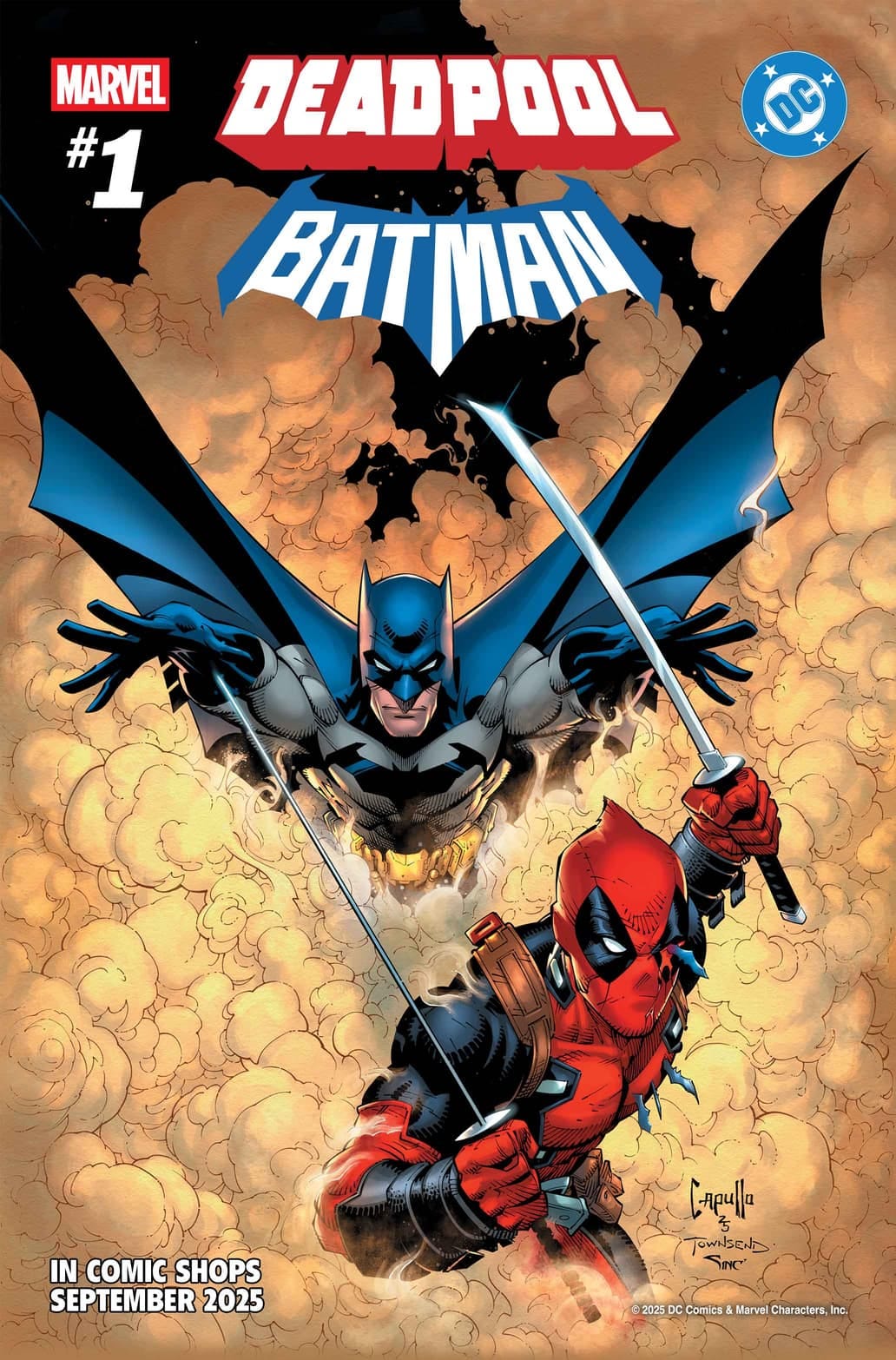 Cover art of Deadpool and Batman leaping out of a cloud of smoke. Cover art of Deadpool and Batman leaping out of a cloud of smoke.