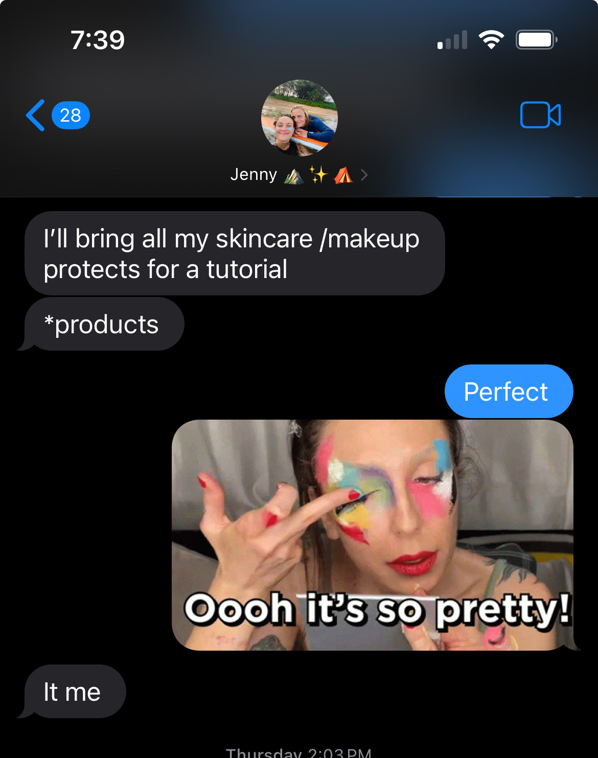 a screenshot of our texts coordinating the makeup tutorial
