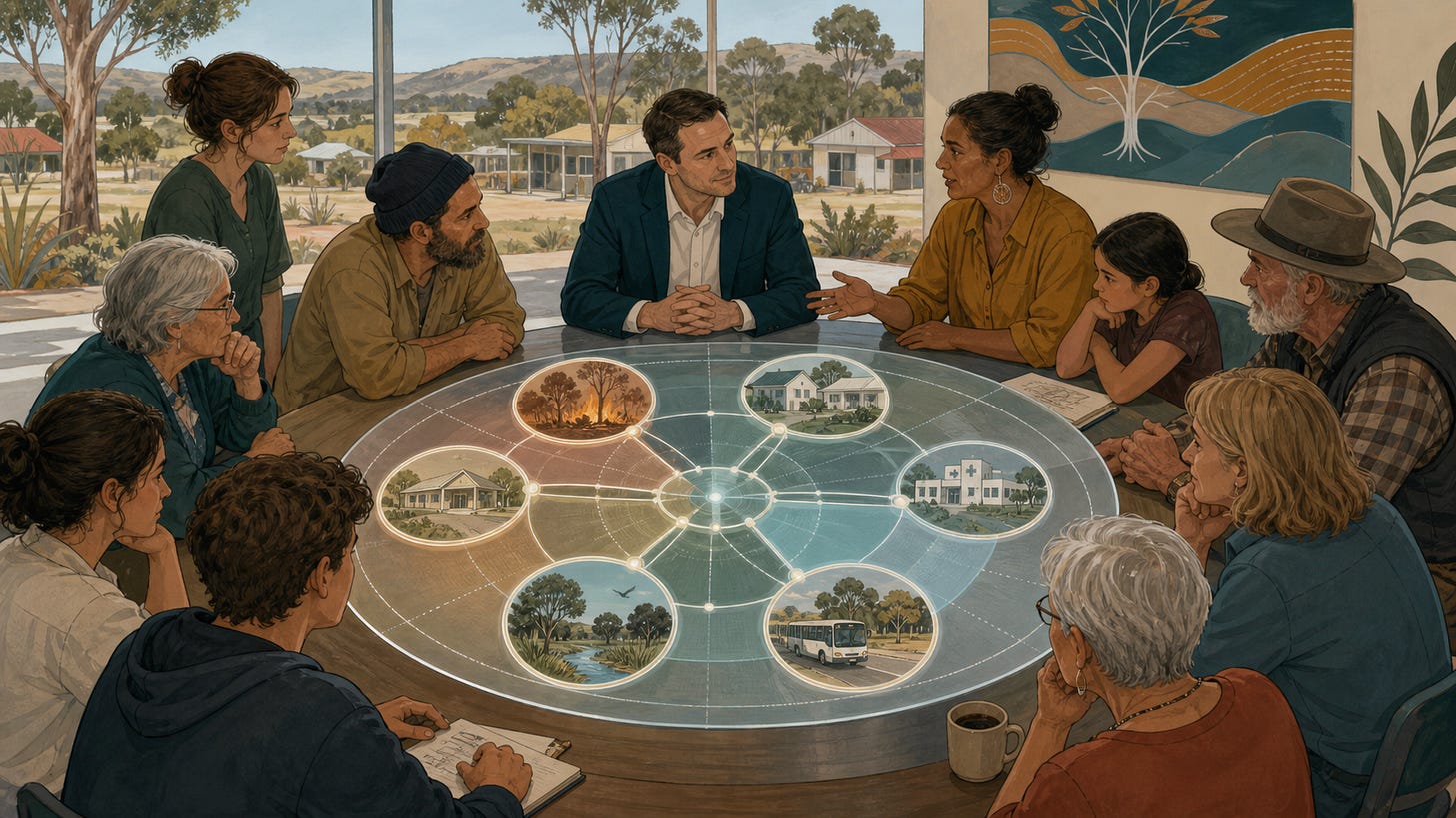 A community can make trade-offs visible, examine how priorities connect and communicate its judgement; AI can support the process, but people remain responsible for the choices. A community can make trade-offs visible, examine how priorities connect and communicate its judgement; AI can support the process, but people remain responsible for the choices.