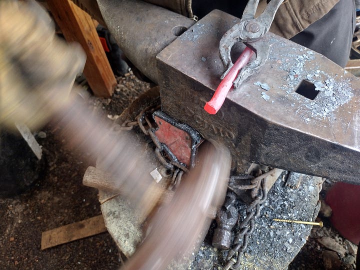 Forging up the copper, and a half-finished leaf finial.
